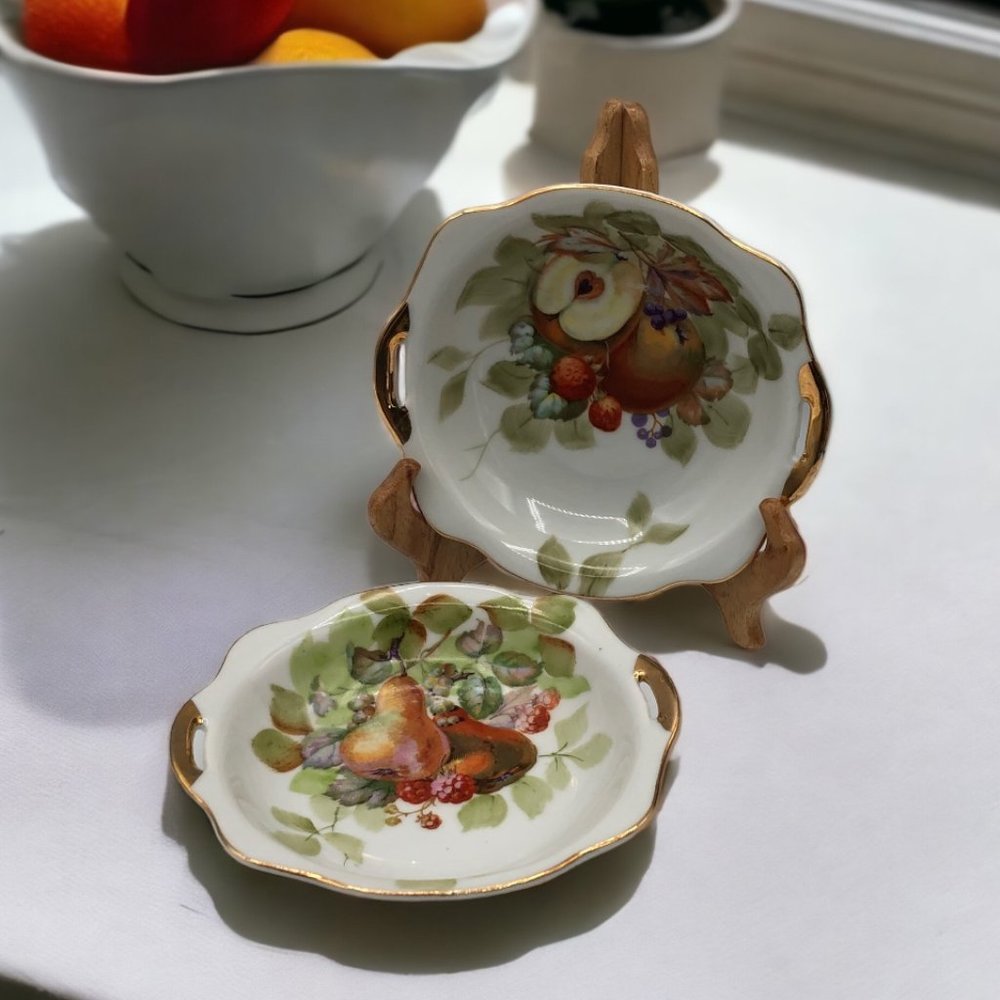 VTG GoldCastle Candy Dish/ Handles Apples Strawberries /Pear Japan Gold Set of 2